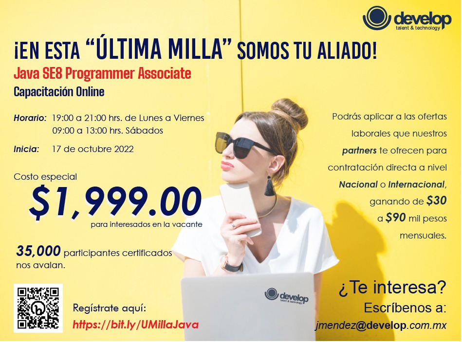 mx_develop's tweet image. Intégrate con nosotros para capacitarte e integrarte a una de las ofertas laborales de nuestros partners, regístrate aquí: bit.ly/UMillaJava