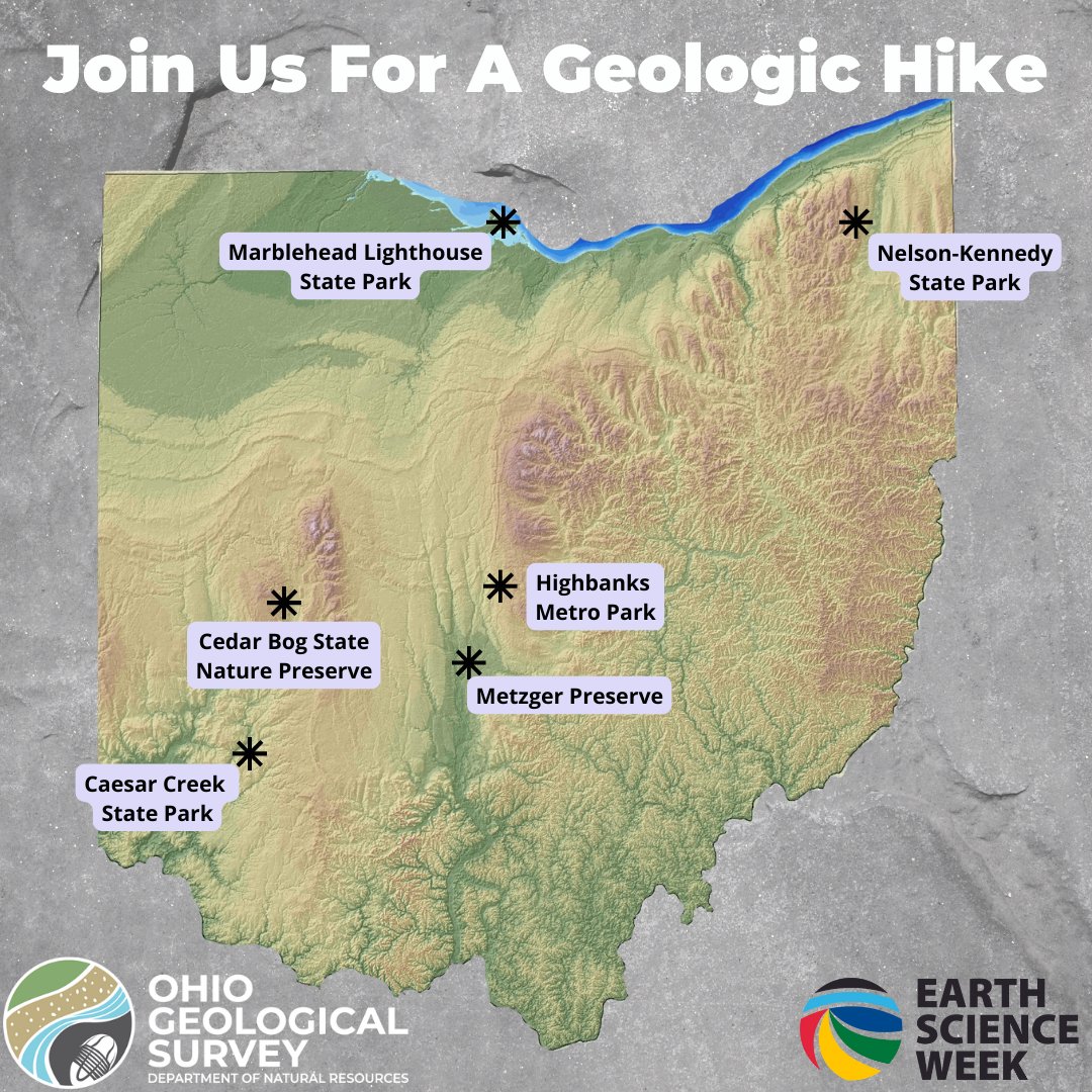 ohiodnr's tweet photo. Join Ohio Geological Survey on a geology hike in honor of #EarthScienceWeekInOhio. We're hosting several hikes across the state so dig in & experience the wonder at your feet. If you can't make it, plan your own adventure with our geologic guides.
#odnr #ohiogeologicalsurvey https://t.co/JWAB7imlW9