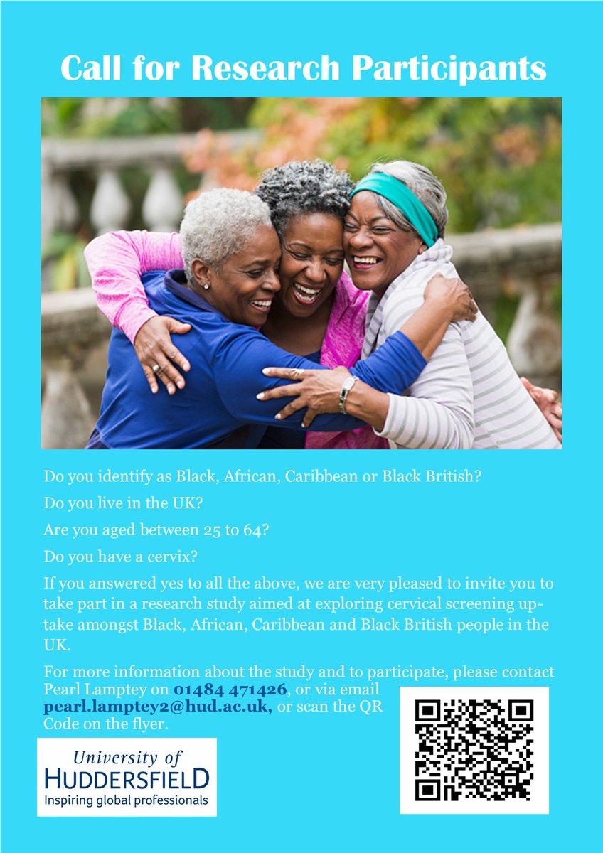 Hello, I am currently recruiting participants to take part in my research study which is exploring cervical screening uptake amongst black, african, caribbean and black british people in the UK. Kindly visit hud.eu.qualtrics.com/jfe/form/SV_23… for more information and to take part. Thanks