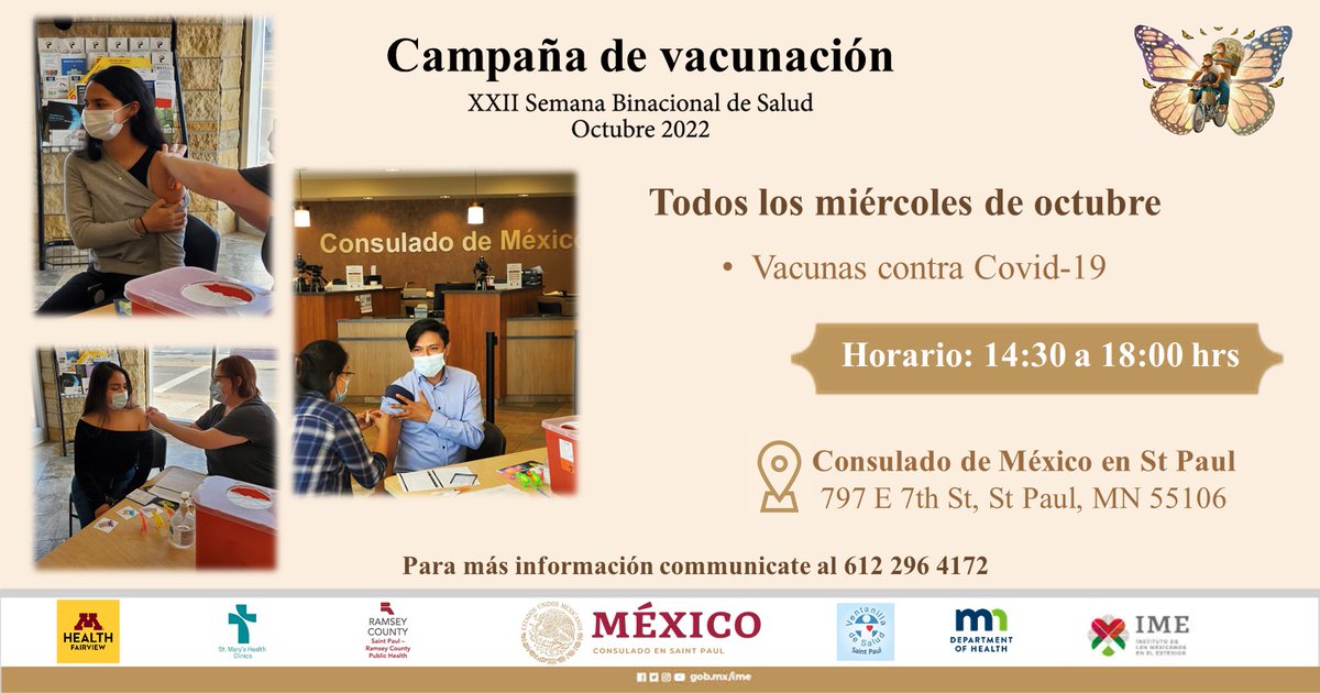 ConsulMexStPaul's tweet photo. Asiste a las campañas de vacunación en el Consulado de México en St. Paul todos los miércoles de octubre.
Para más información comunícate al 612 296 4172
#XXIISBS #SaludSinFronteras #EsperanzaBinacional #BinationalHope #HealthWithoutBorders #SemanaBinacionaldeSalud2022 @IME_SRE https://t.co/Befl1BSvwr