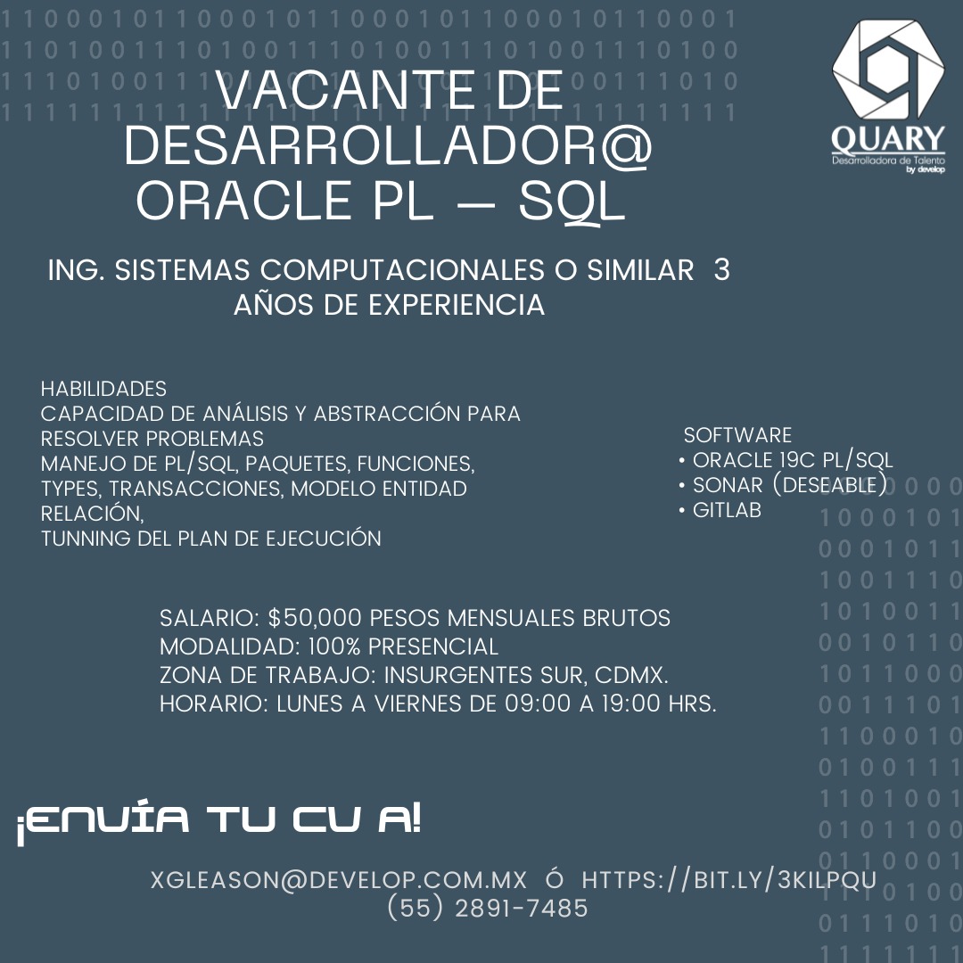 mx_develop's tweet image. Desarrollador Oracle PL-SQL #OportunidadLaboral #VacanteTI, regístrate aquí: bit.ly/3Rzh7Xo