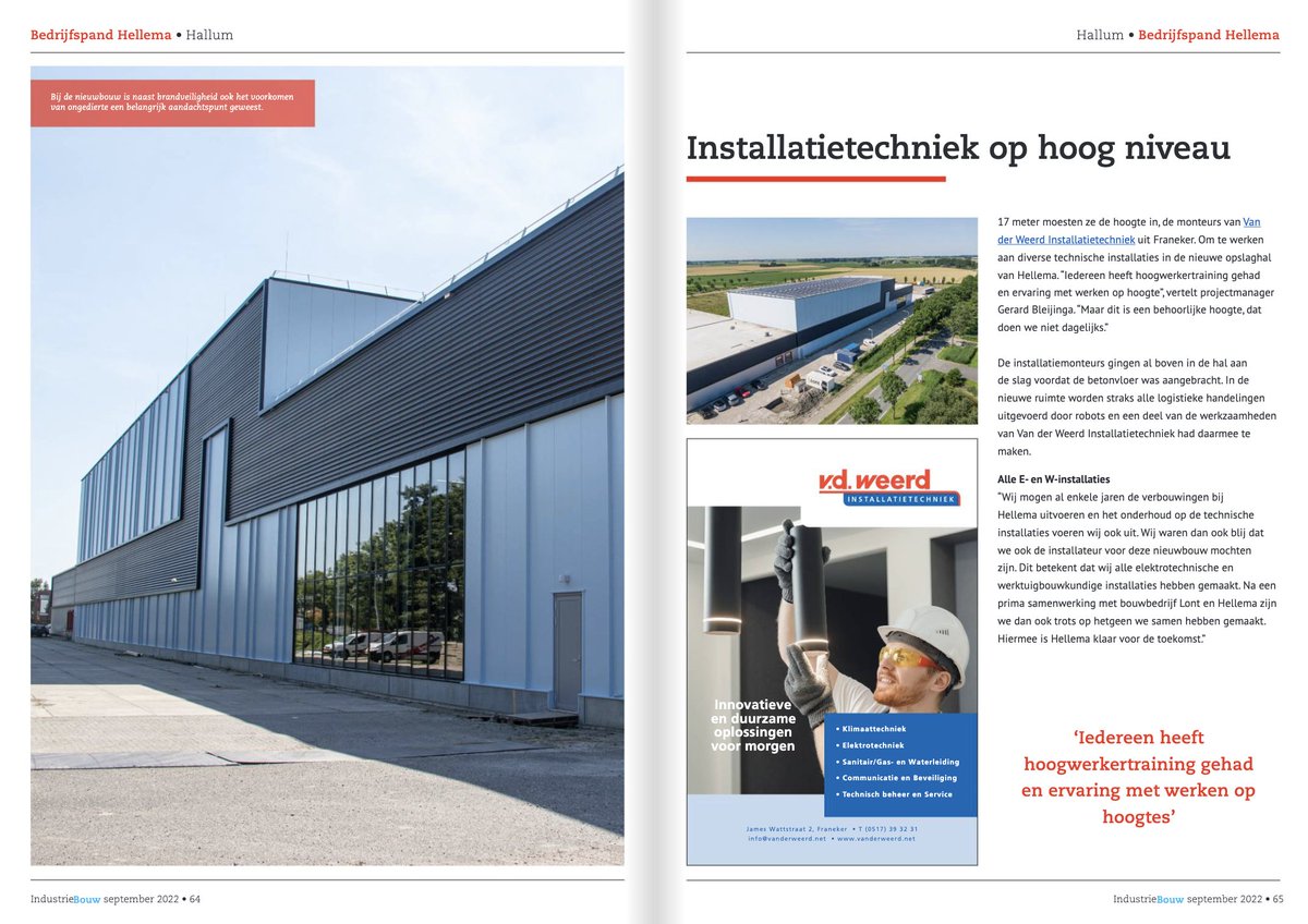 ⊛ Installatietechniek op hoog niveau | Artikel over de nieuwe bedrijfshal van <a href="/HellemaHallum/">Hellema Hallum</a>, waar wij verantwoordelijk zijn voor alle elektrotechnische en werktuigbouwkundige installaties⤵️
industriebouw-online.nl/edities/87/#pa…
#vanzelfsprekend #vakmanschap
#vanderweerd #installatietechniek