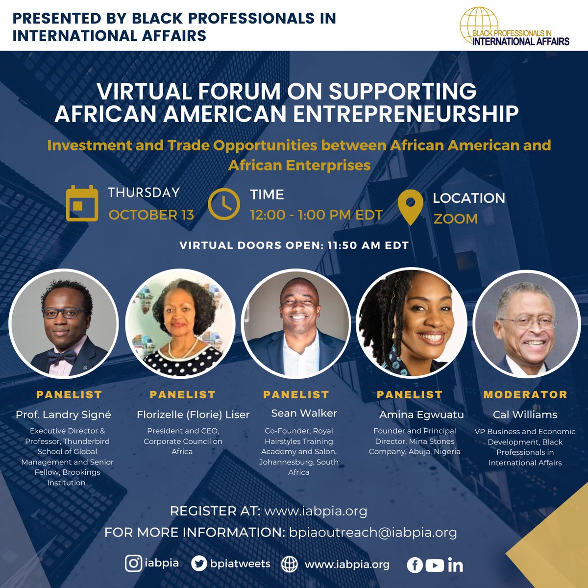 Join me and my fellow panelists for a virtual forum on investment and trade opportunities between African American and African Enterprises, hosted by <a href="/BPIAtweets/">Black Professionals in International Affairs-BPIA</a> on October 13th at 12 pm EDT. Register now.