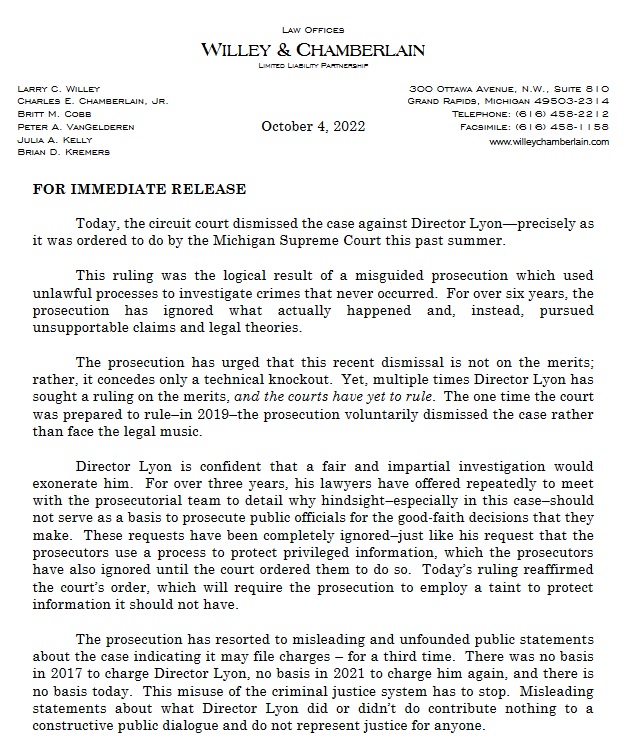 Ex DHHS director Nick Lyon's attorney's statement on the dismissal of felony charges says the ruling is "logical result of a misguided prosecution" and Lyon is "confident that a fair and impartial investigation would
exonerate him." Here's full statement  ⬇️