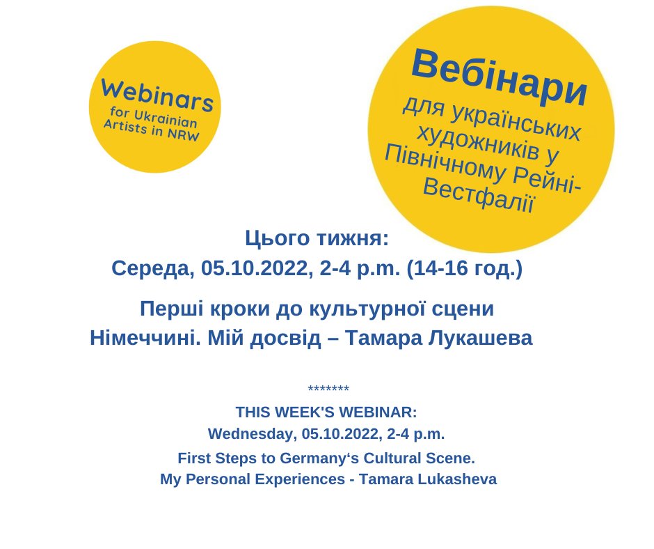 "Kultur hilft Kultur" lädt diese Woche zu einem Webinar mit der Musikerin Tamara Lukasheva ein. Willkommen sind ukrainische Künstler*innen und alle Interessierte. Kostenfreie Anmeldung und weitere Infos und Termine unter: kultur-hilft-kultur.de/webinars/ #kulturhilftkultur