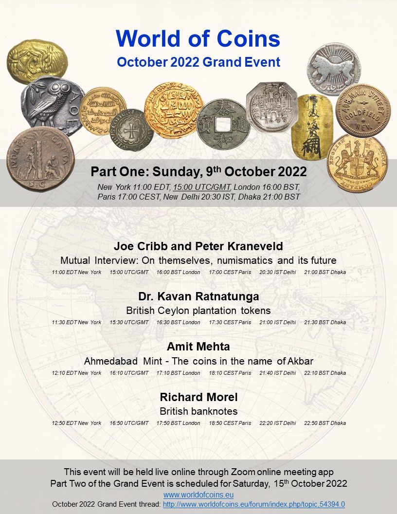 Xav_Numista's tweet photo. World of Coins organizes an online numismatic conference on October 9th and 15th, featuring Joe Cribb, Peter Kraneveld, Kavan Ratnatunga, Amit Mehta, and Richard Morel. https://t.co/gMNFuKXsiZ
#WhatsOn in #Numismatics #NumisChat https://t.co/sKR2VjYeEV