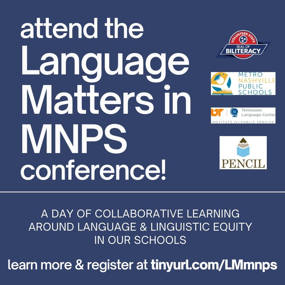 Volunteer State Seal of Biliteracy (@volstateseal) on Twitter photo We are so excited to host the 'Language Matters in MNPS' conference for teachers & leaders on Oct. 22 in partnership w <a href="/ut_tlc/">Tennessee Language Center</a>, <a href="/PENCIL4Schools/">PENCIL</a>, & <a href="/MetroSchools/">Metro Schools</a>. Learn more & register at tinyurl.com/LMmnps! We are so excited to host the 'Language Matters in MNPS' conference for teachers & leaders on Oct. 22 in partnership w <a href="/ut_tlc/">Tennessee Language Center</a>, <a href="/PENCIL4Schools/">PENCIL</a>, & <a href="/MetroSchools/">Metro Schools</a>. Learn more & register at tinyurl.com/LMmnps!