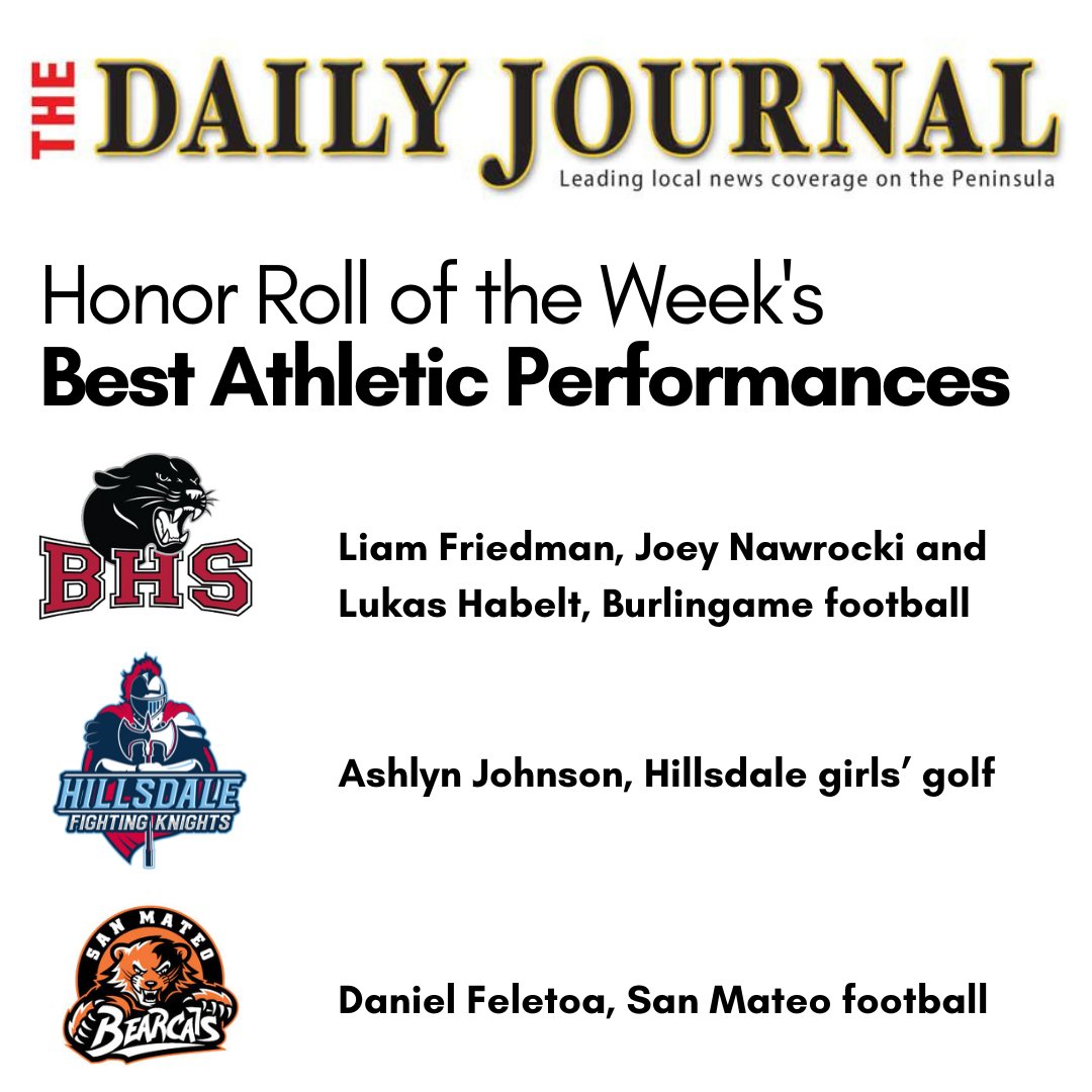 SMUHSD (@smuhsd) on Twitter photo Congrats to SMUHSD athletes names to the <a href="/smdailyjournal/">San Mateo Daily Journal</a> of Honor Roll Performances for the week:
<a href="/gobhspanthers/">Burlingame High School Athletics</a> Football: Liam Friedman, Joey Nawrocki and Lukas Habelt
<a href="/hhsKnights/">Hillsdale Athletics</a> Golf: Ashlyn Johnson
<a href="/SanMateoHi/">SMHS Athletics</a> Football: Daniel Feletoa
ow.ly/6gmj50L14bS Congrats to SMUHSD athletes names to the <a href="/smdailyjournal/">San Mateo Daily Journal</a> of Honor Roll Performances for the week:
<a href="/gobhspanthers/">Burlingame High School Athletics</a> Football: Liam Friedman, Joey Nawrocki and Lukas Habelt
<a href="/hhsKnights/">Hillsdale Athletics</a> Golf: Ashlyn Johnson
<a href="/SanMateoHi/">SMHS Athletics</a> Football: Daniel Feletoa
ow.ly/6gmj50L14bS