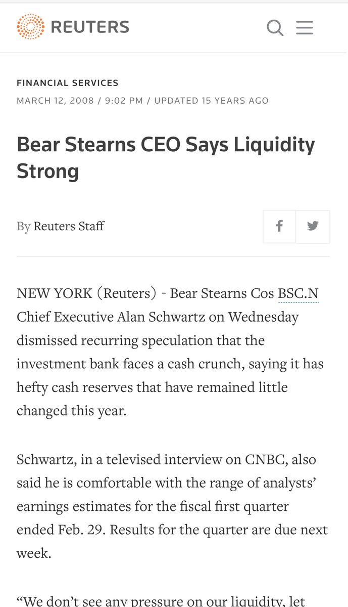 On March 12, 2008, Reuters reported: "Bear Stearns CEO Says Liquidity Strong" 

Three days later, BS collapsed. 

Fast forward to September 30, 2022, per Reuters: Credit Suisse has strong capital base and liquidity🤔

CS credit default swaps are gapping to new highs, be cautious.