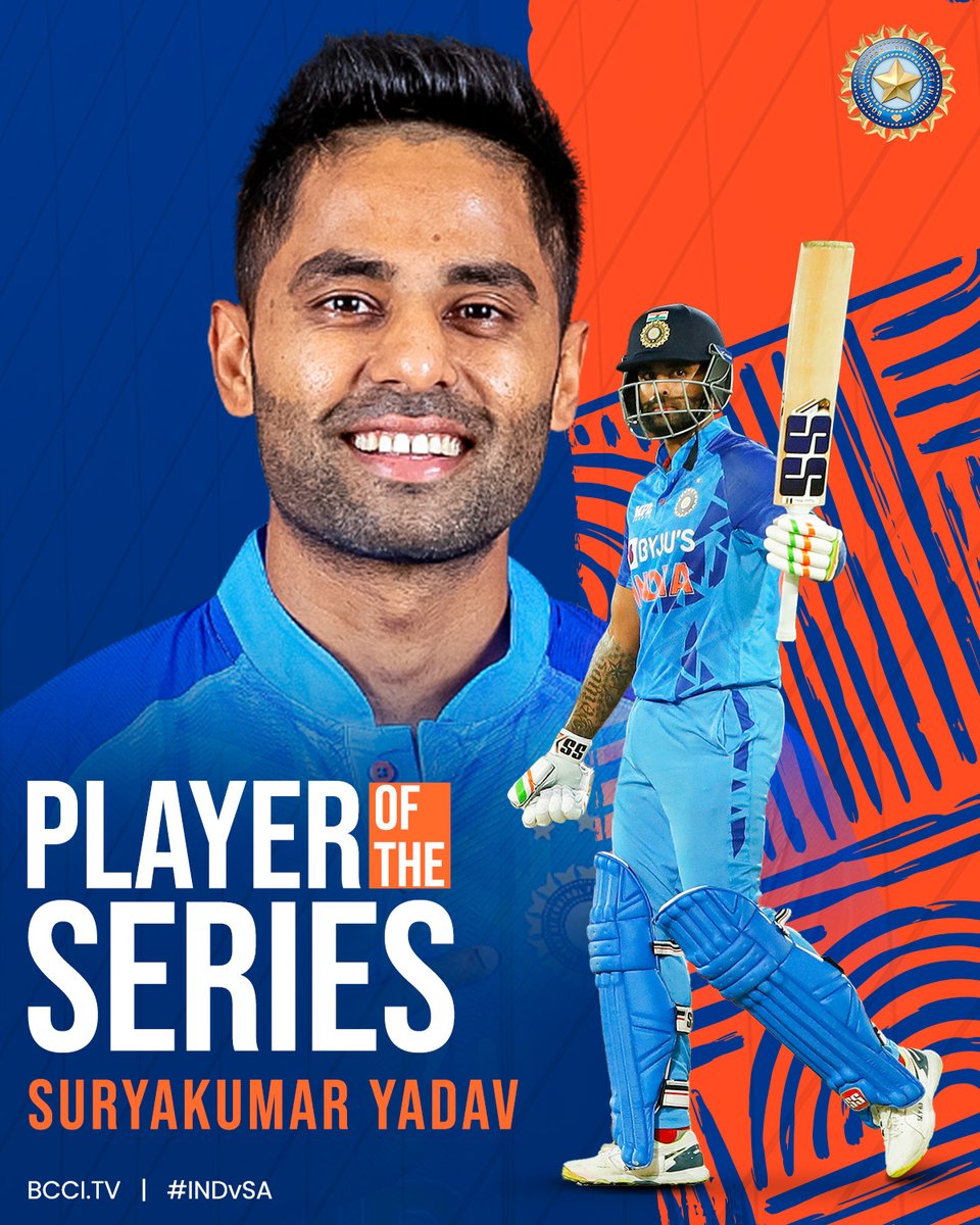 BCCI's tweet photo. 3⃣ Matches
1⃣1⃣9⃣ Runs
2⃣ Match-defining knocks 

For his batting brilliance, @surya_14kumar wins the Player of the Series award. 👌 👌 

#TeamIndia | #INDvSA | @mastercardindia https://t.co/dQjaBuWAnT