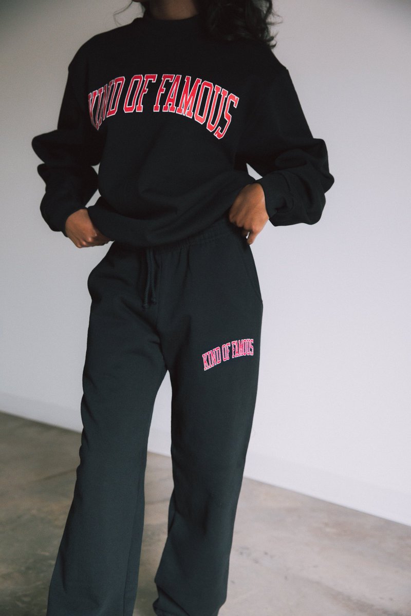 kindoffamous's tweet photo. Made and finished in South Central Los Angeles, our 14oz Heavyweight Crewneck and Sweatpants feature the Kind of Famous Arch Logo in Varsity Red/White on 100% Cotton. Available online now at https://t.co/tnRQsIQdVf https://t.co/79wcWScQnB