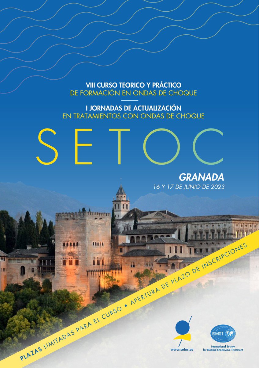 🔴 VIII Curso Teorico y Práctico de Formación en Ondas de Choque.
🔴 I Jornadas de Actualización en Tratamientos con Ondas de Choque

🗓️ 16 y 17 de Junio 2023
📍 Granada 

➡️ plazas limitadas
Pronto toda la información en web.