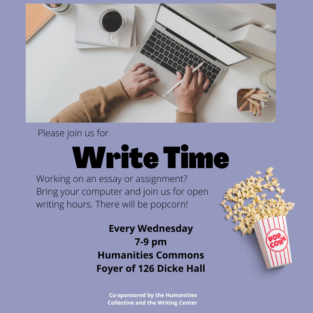 HumanitiesTU's tweet image. *Every Wednesday* from 7-9 PM is the Write Time at the Humanities Commons in the new Dicke Hall. @Trinity_U faculty, will you help us spread the word to your students about this opportunity? 
Special thanks to the Writing Center for co-sponsoring.
#WriteTime
