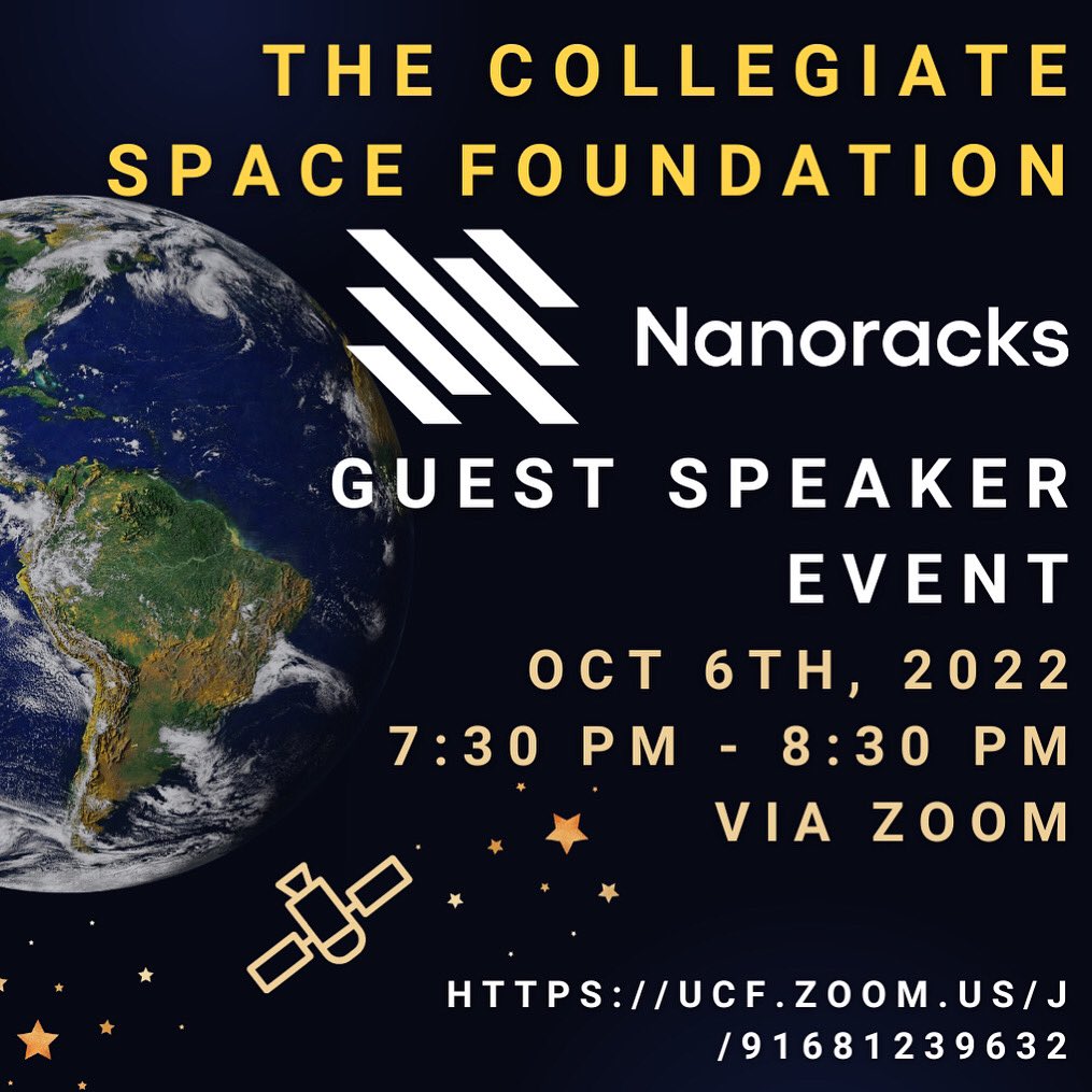 csfucf's tweet photo. CSF is excited to announce a guest speaker event happening this week (virtually) on October 6th! Listen to Jake Cornish from Nanoracks speak about his role as a Sr. Mission Manager overseeing the launch and deployment of satellites from the ISS. We hope to see you all join in! 🛰 https://t.co/GWS7afaUjr