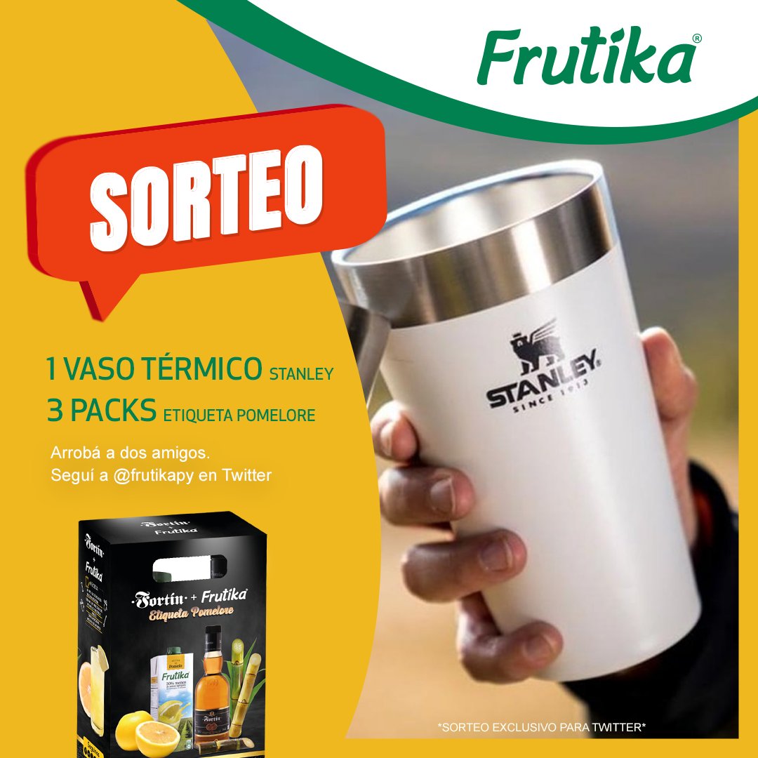 SORTEAMOS!! 🗣️

Un vaso térmico STANLEY.😍
3 packs etiqueta POMELORE.🥃

Para participar tenés que:
- Dar RT a la publicación.
- Seguir a <a href="/frutikapy/">FRUTIKA</a> <a href="/Fortin_py/">Fortín Paraguay</a>

Sorteamos el viernes 14/10/2022 ⏰

*Sorteo exclusivo para Twitter*

#Frutika #Fortin #Pomelore #Sorteo #Twitter