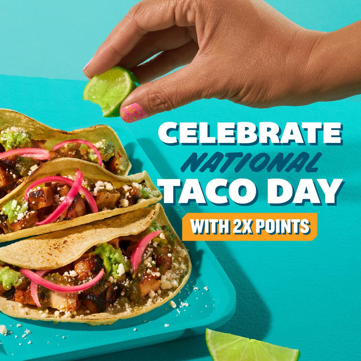 Celebrate National Taco Day at QDOBA with 2X Rewards points on any purchase. Today (10/4) only, create your own taco masterpiece with our delicious salsas, sauces, and toppings and enjoy 2X points to earn free food even faster.