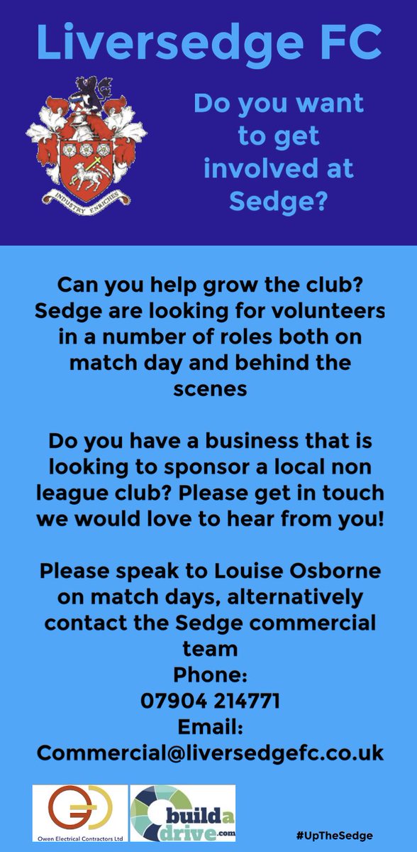 Liversedge_FC's tweet photo. 📣 Sedge are looking for volunteers in a number of roles both on match day and behind the scenes 

Do you want to get involved? 
Please get in touch with us
Phone:
07904 214771
Email:
Commercial@liversedgefc.co.uk https://t.co/5Cpe2596kM