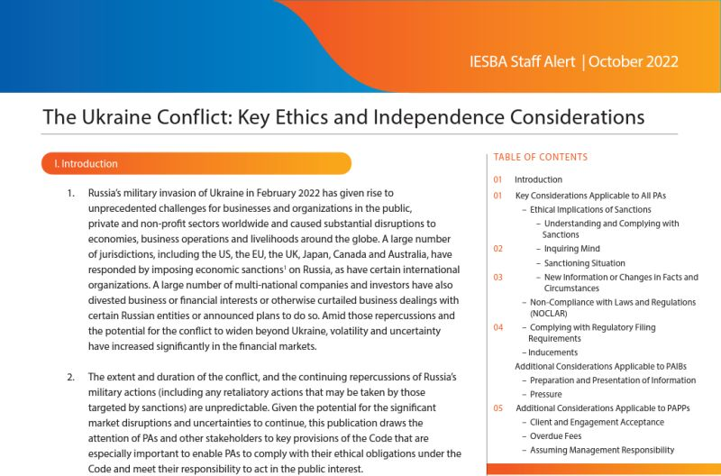 Ethics_Board's tweet photo. IESBA staff just released a new report, The Ukraine Conflict: Key #Ethics & Independence Considerations. Click the link to learn what ethical responsibilities accountants have under the #IESBACode in relation to economic sanctions imposed on Russia. https://t.co/FNjbUJ8fn1 https://t.co/v3PVHCbjco