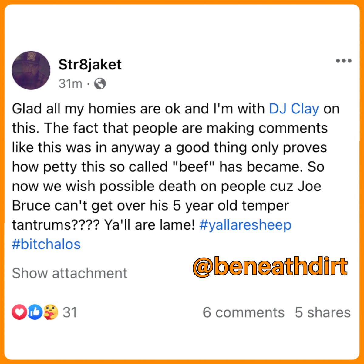 beneathdirt's tweet photo. #Str8jaket weighs in on people acting like the AMB car accident was a good thing. https://t.co/YlHQSikFUo