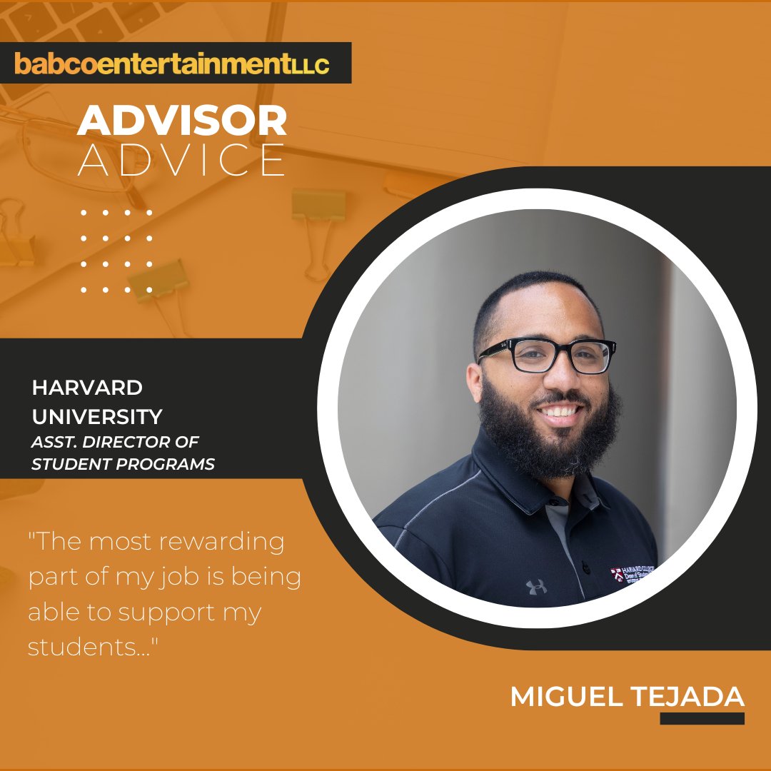 BabcoEnt's tweet photo. #AdvisorAdvice for anyone involved in higher-ed, programming, etc. from Miguel Tejada of Harvard University. 🧡 You can view and share Miguel's advice any time from our website. Link here: https://t.co/oapeYdclUS 

#College #Student #Advisors #Advice #BabcoEnt #CollegeProgramming https://t.co/hAuy69fSM4