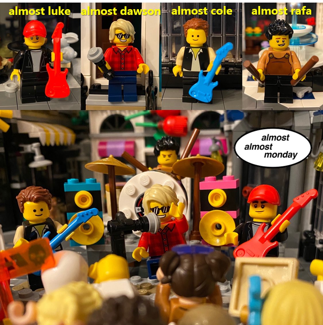 almostmondayray's tweet photo. almost almost monday is almost the greatest band of all time (GBOAT) featuring almost dawson, almost luke, almost cole &amp; almost rafa! You should almost check em out! @ALMOSTMONDAYY @sweetiedaws @lukefabry @coleclisby @RafaTheDrummerr @LEGO_Group #almostmonday #almostalmostmonday https://t.co/3YDdDsnNT6