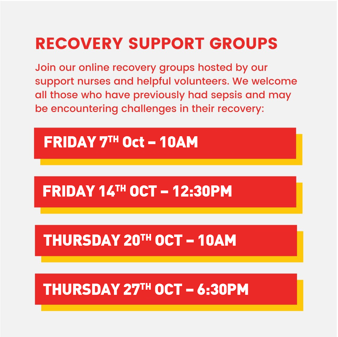 Have you been affected by #sepsis? Our support nurses are here to help. Join one of our weekly relaxed and informal Zoom sessions. We run separate facilitated groups for recovery and bereavement. Click for more information and dates: sepsistrust.org/get-support/su… #SepsisSupport