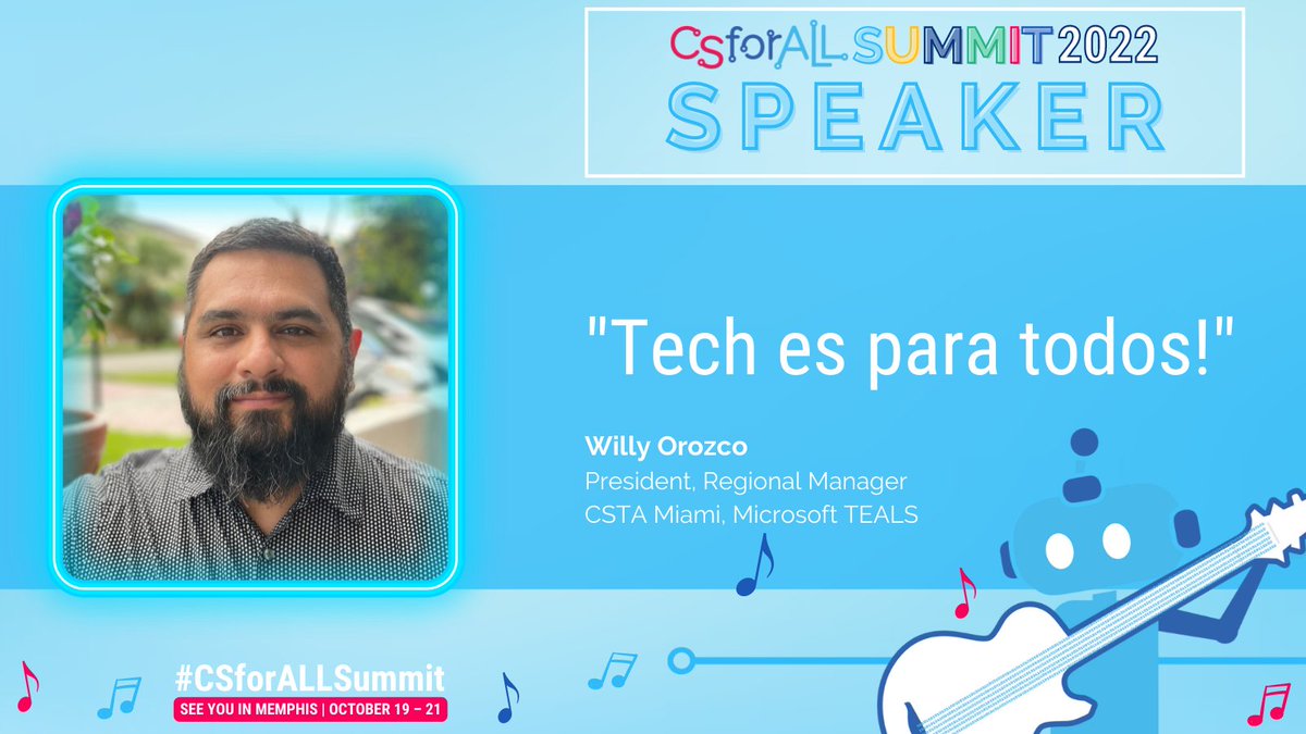 President of @MiamiCSTA and Regional Manager of @TEALSProgram <a href="/STEAMwithO/">𝒲𝒾𝓁𝓁𝓎 𝒪𝓇𝑜𝓏𝒸𝑜</a> is a 2022 #CSforALLSummit featured speaker!

Willy helps build sustainable HS #CSEd programs with a focus on serving students excluded from learning CS because of race, gender, and geography. #CSforALL