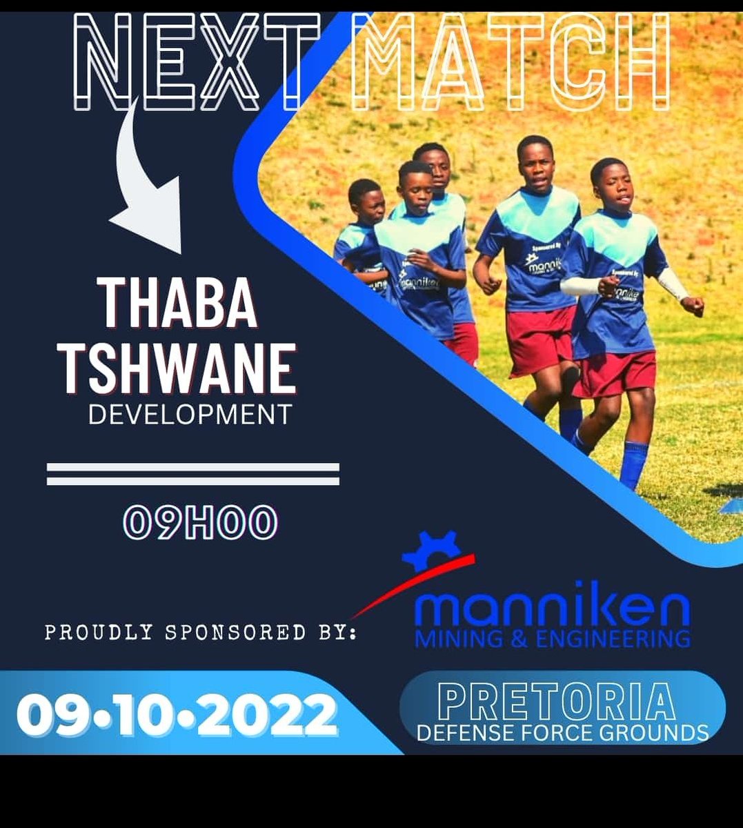 Our next assignment is on Sunday. 

🆚 Thaba Tshwane Football Club 
🏆 Friendly Games
📆 09 October 2022
⏰ 9am
📍Under 15 - 17- 23
🏟 Waterkloof Military Base Grounds 

#BloodIsBlue