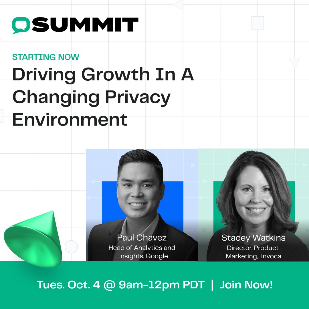 Invoca's tweet image. Join us now for "Driving Growth in a Changing Privacy Environment" with @Google's Paul Chavez and @Invoca's Stacey Watkins.

Watch now: invoca.com/summit

#invocasummit