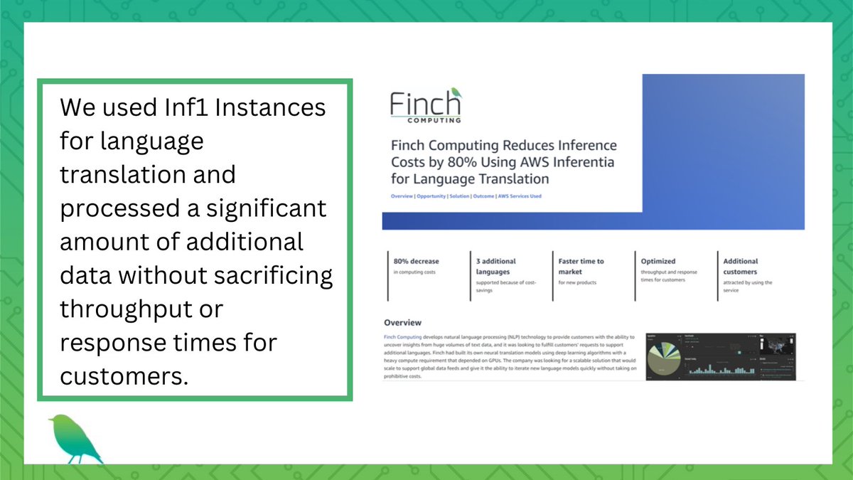 FinchComputing's tweet image. Super excited about applying new AWS offerings to improve our real-time, at-scale language translation for customers. Check out AWS’s highlight here: rb.gy/k24h9g