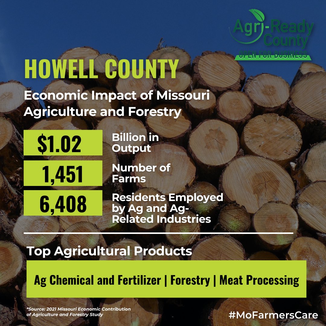 One of the southern tier counties of Missouri, #AgriReady Howell County welcomes Missouri agriculture.

With 1,451 farms and 6,408 ag-related jobs, Howell County agriculture and ag-related industries bring $1.02 billion in output.

#OpenForBusiness | #MoFarmersCare