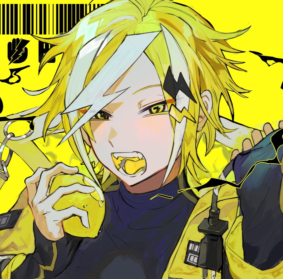 1boy male focus yellow background smile solo holding can can  illustration images