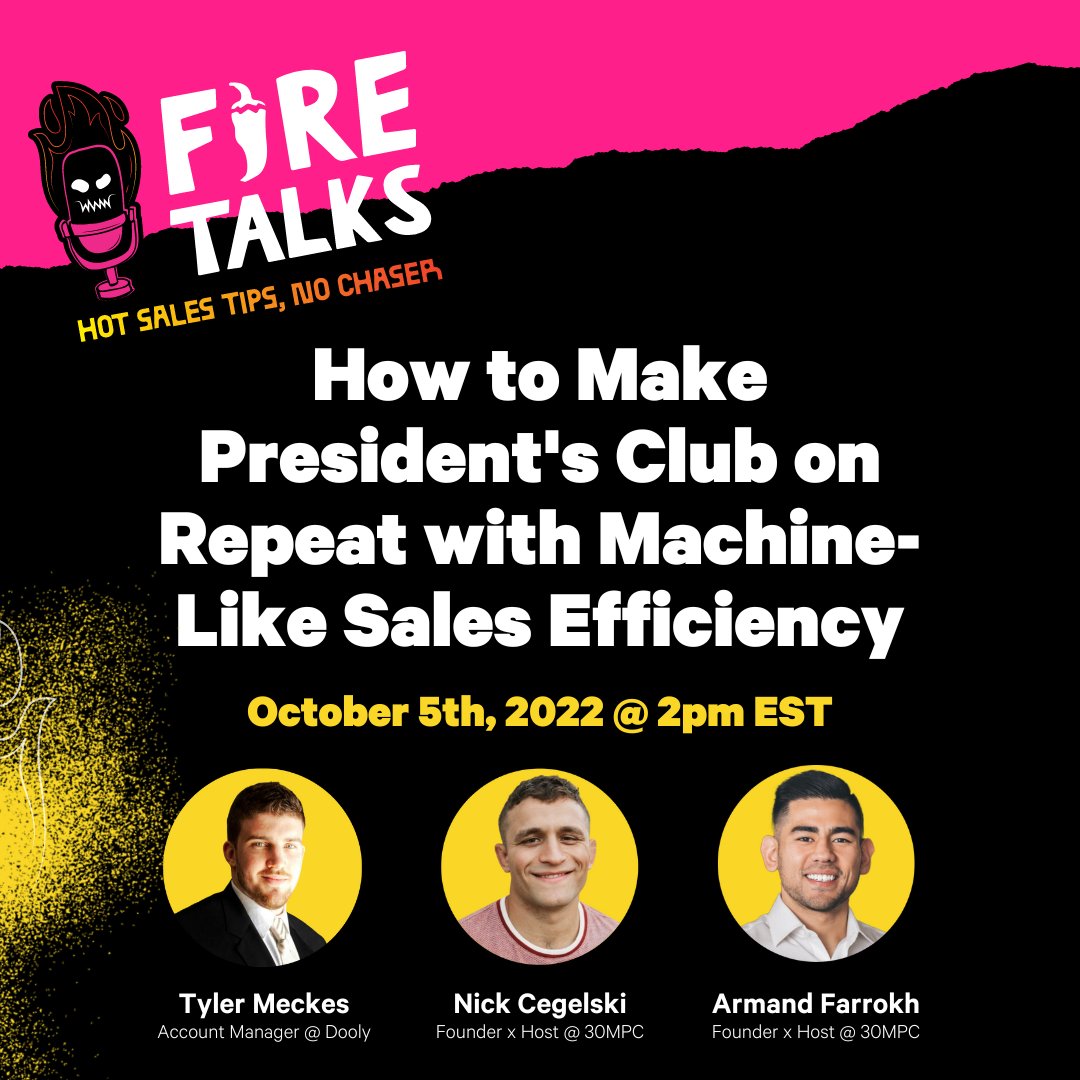 Fire Talks is going down tomorrow! Nick and Armand from 30 Minutes to President's Club are sitting in the hot seat with Dooly's Tyler Meckes. They'll be spitting hot sales takes, while eating some of the hottest sauces in SaaS. See you there! bit.ly/3fG9RM1