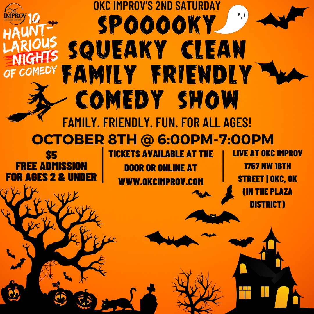 okcimprov's tweet photo. OKC Improv is offering fun for the WHOLE family! We've got our Squeaky Clean Family Friendly Comedy show that'll keep everyone laughing from Grandparents to kids! Reserve tickets today at https://t.co/ijN9S54CfC! #SqueakyCleanComedy #FamilyNight #PlazaProv https://t.co/0wEZH0Gxu3