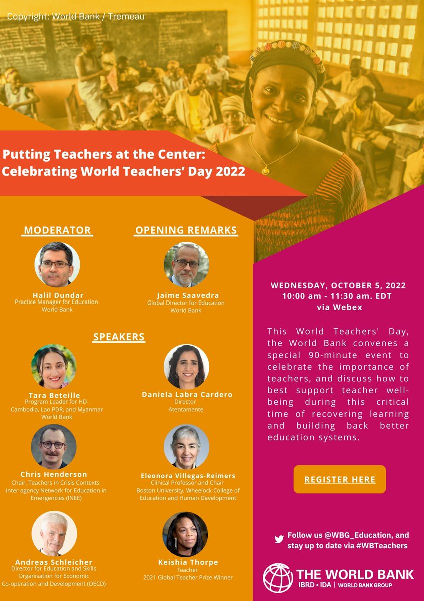 SAVE THE DATE! 'Putting Teachers at the Center: Celebrating #WorldTeachersDay' 📆 Wed. Oct. 5 ⏰10:00 - 11:30 am EDT Join our @WorldBank event and learn what we can do to invest in #teachers’ wellbeing. ✍🏽Register here: wrld.bg/LTmc50L0VHa #WBTeachers