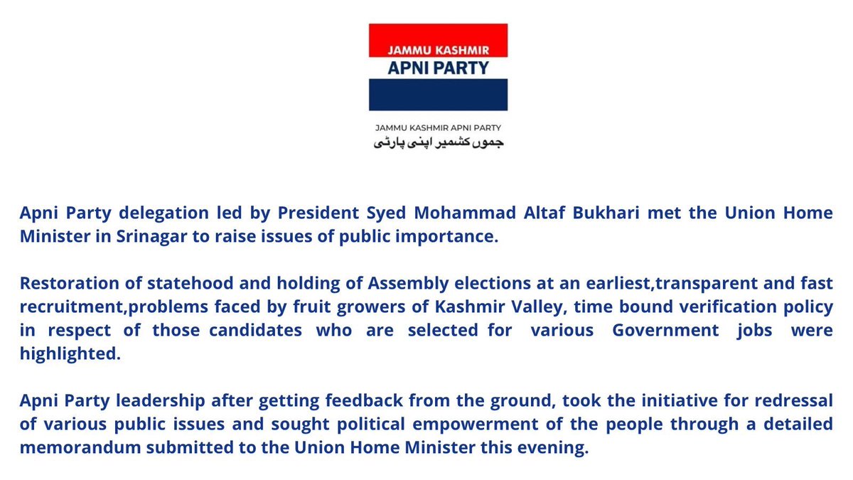 Apnipartyonline's tweet photo. Apni Party delegation led by President @AltafBukhari01 met the Union Home Minister @AmitShah in Srinagar to raise issues of public importance.

Read full statement here:

https://t.co/NBGlJhpzvL https://t.co/CHDndYAi99
