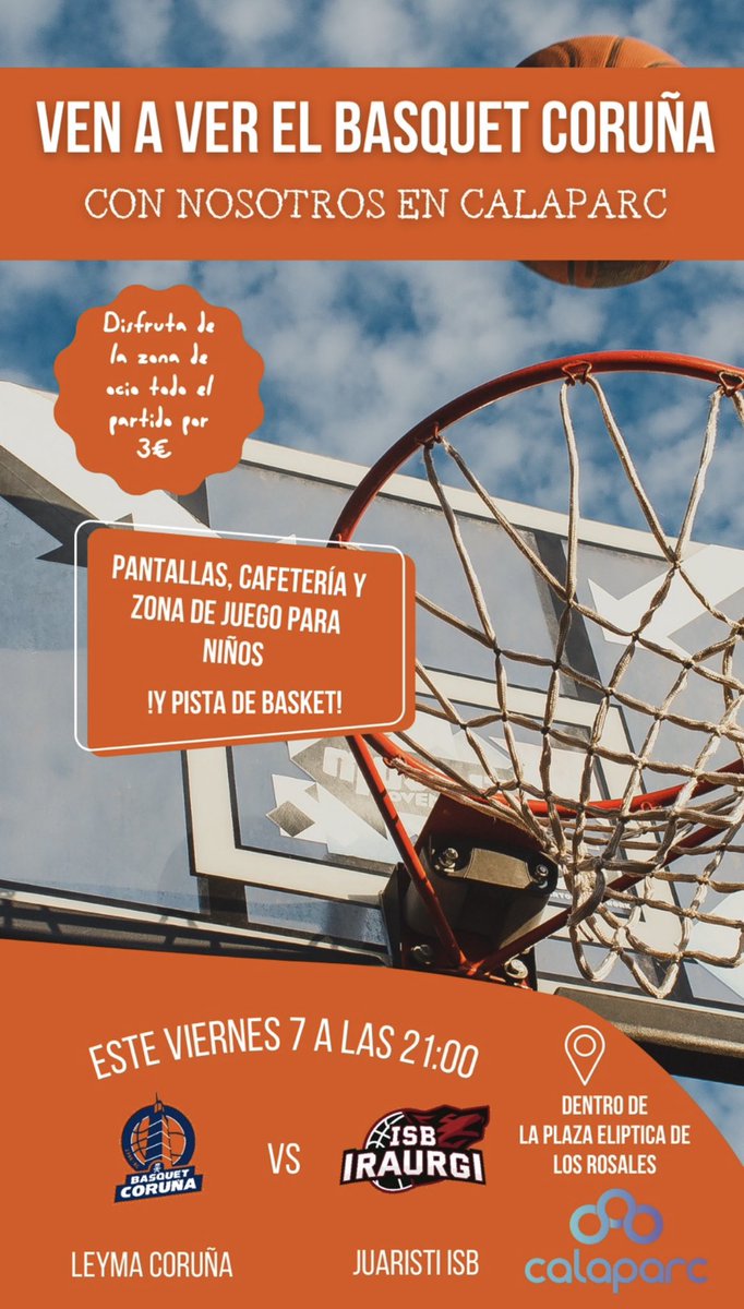 Novedad! Si quieres ver los partidos que el @basquetcoruna juegue fuera de casa en CALAPARC te los dan! Además zona infantil para que los niños se entretengan, zona de cafetería, y muchas sorpresas! En el medio de los rosales 💪🏽 Familia del basket, nos ayudáis a compartir?