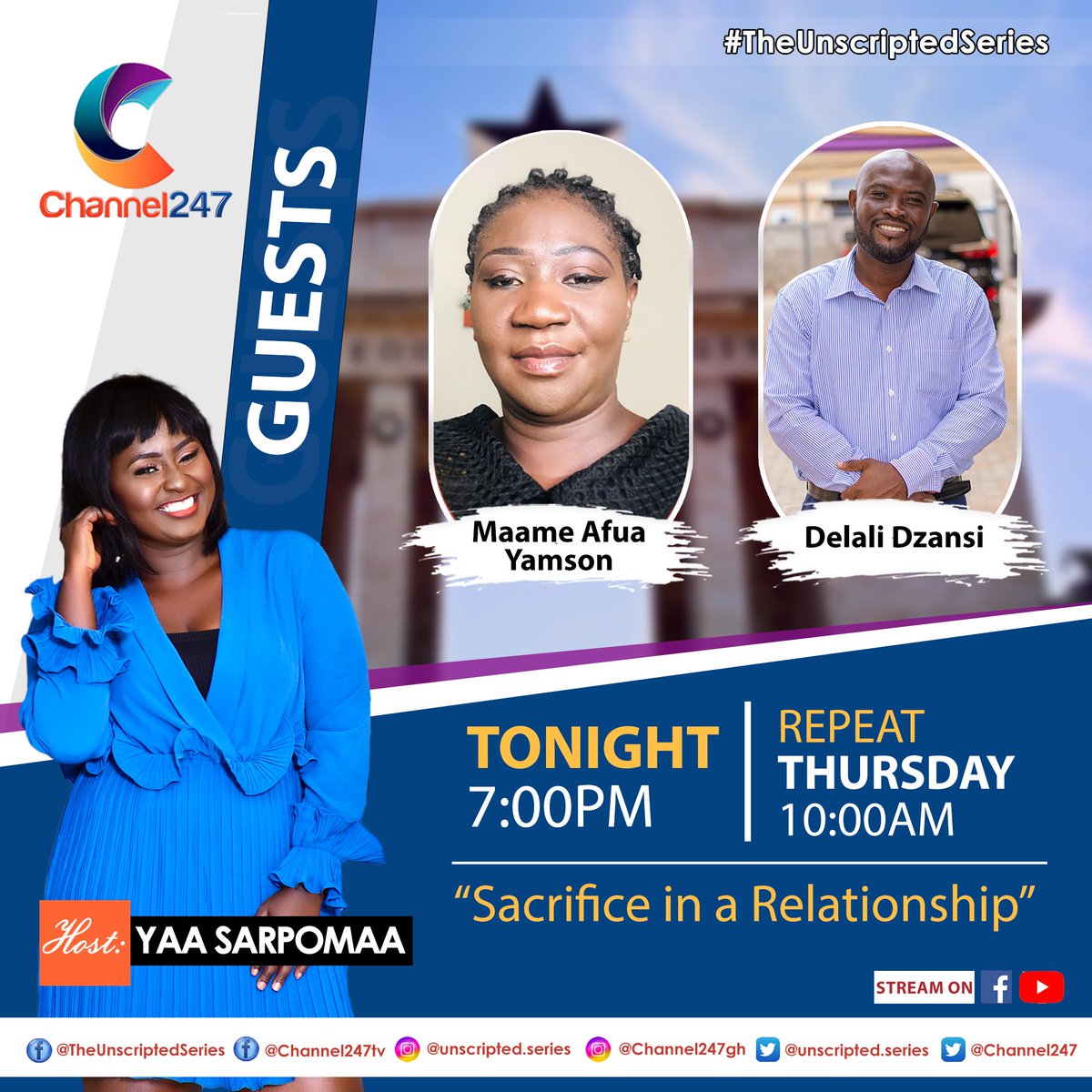 theunscripteds's tweet image. Watch The Unscripted Series Tonight at 7:00pm on @channel247. Kindly follow, like and share our social media pages if you haven&apos;t done so yet.

@channel247 @theunscripteds .@Bevy_Yebuah @ysarpomaa