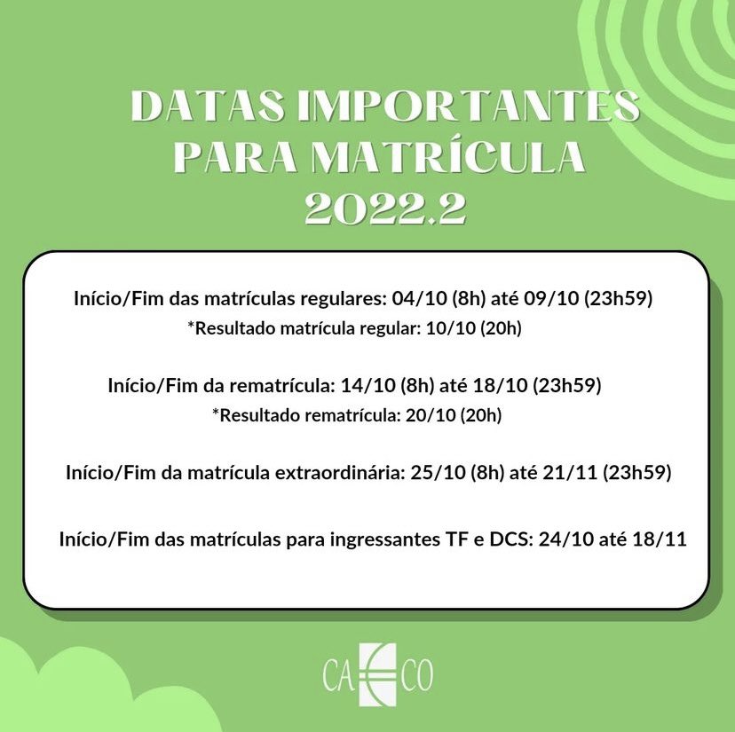 ai galera, hoje abriram as matrículas para o próximo semestre!!!
se liguem nas datas e não percam os prazos.. que a sorte esteja com vocês pro sigaa liberar as matérias k🫰🫰🫰