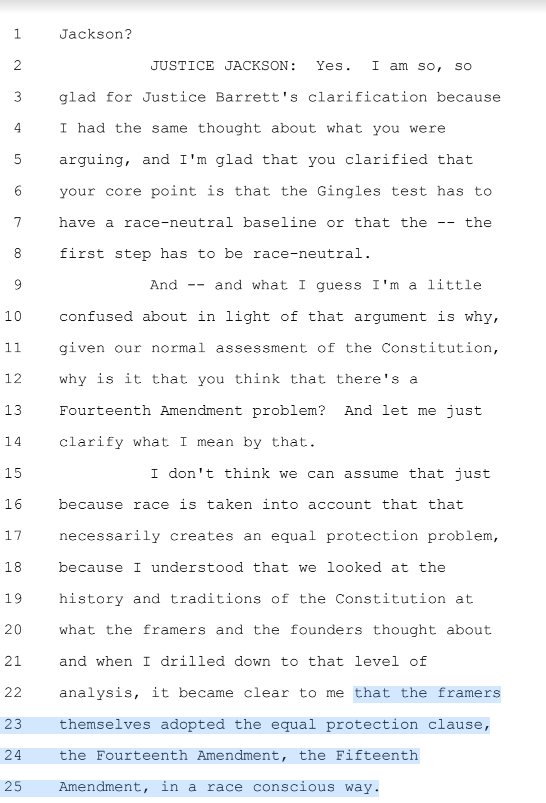 stevenmazie's tweet photo. Justice Jackson's forceful refutation of the notion that the 14th amendment commands color-blindness in this morning's Voting Rights Act hearing. Three uninterrupted trancript pages. https://t.co/62A7C831F7