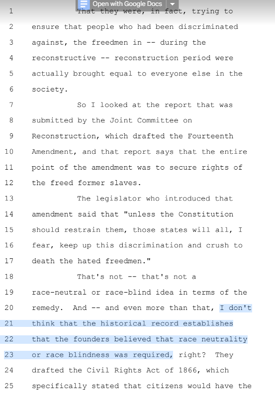stevenmazie's tweet photo. Justice Jackson's forceful refutation of the notion that the 14th amendment commands color-blindness in this morning's Voting Rights Act hearing. Three uninterrupted trancript pages. https://t.co/62A7C831F7