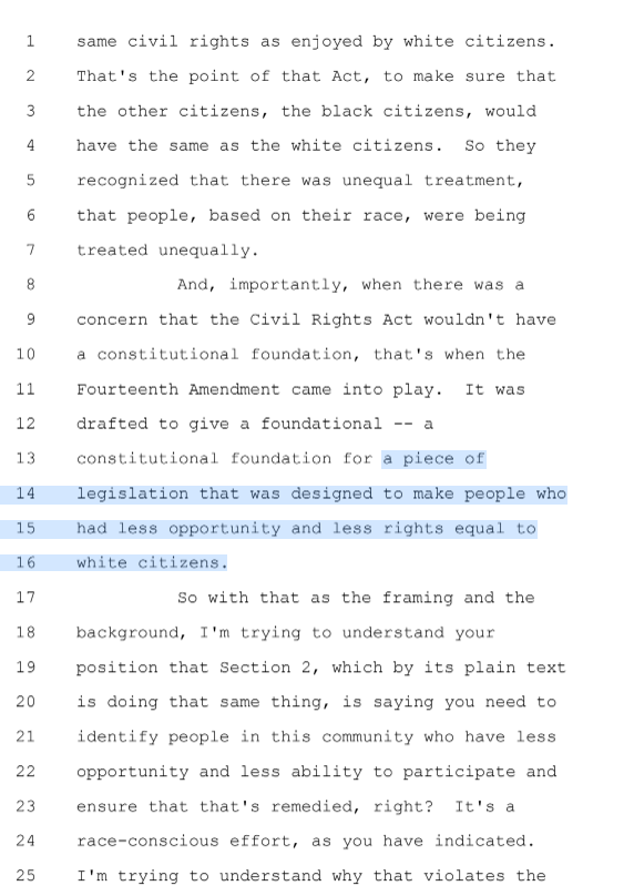 Justice Jackson's forceful refutation of the notion that the 14th amendment commands color-blindness in this morning's Voting Rights Act hearing. Three uninterrupted trancript pages.