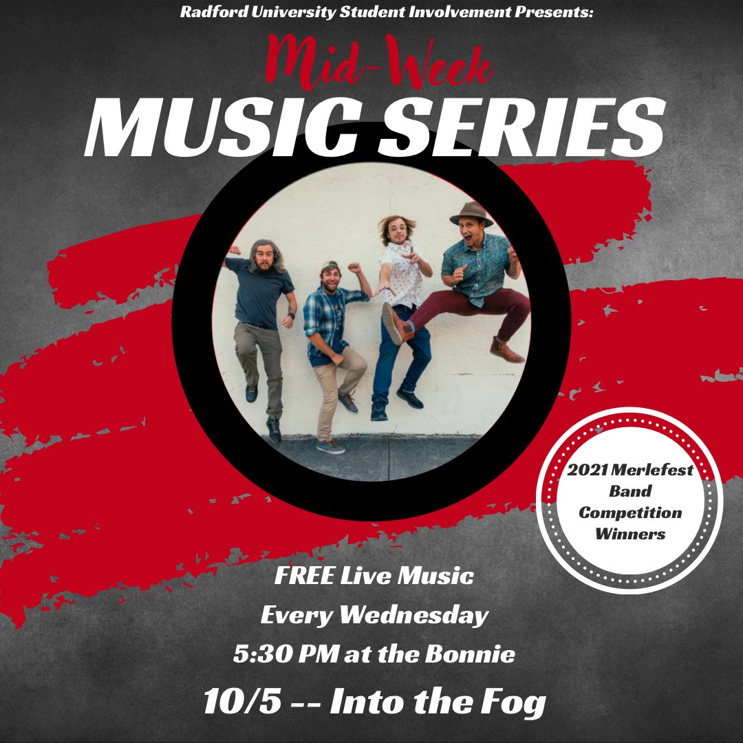 This week for the Mid-Week Music Series, we welcome 2021 @MerleFest Band Competition Winners Into the Fog!

#radforduniversity #radfordva #merlefest #merlefest2021 #merlefestbandwinners #ncmusicians #northcarolinamusic #newgrass #newgrassrevival #newgrassmusic #intothefogmusic