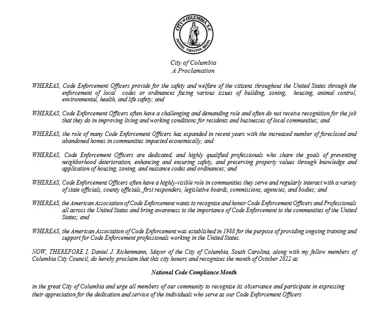 Thank you to @CityofColumbia @colamayor & Council members for planning to recognize the committed staff #ColumbiaPDSC Code Enforcement Division for 'improving working conditions for residents & businesses of local communities...' Learn more: columbiapd.net/code-enforceme…