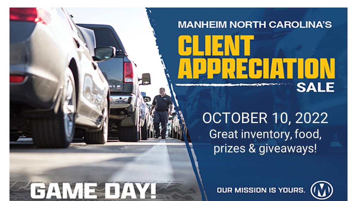 ManheimNC's tweet photo. We're counting down to Game Day and it's Game On to show our clients our appreciation.  Join us Monday for food, prizes and giveaways to honor our clients.  Stay for lunch catered by Parker's BBQ at 11:45 am.  Prizes to be given out all during the sale.  #manheimnorthcarolina https://t.co/oF76goYO5h