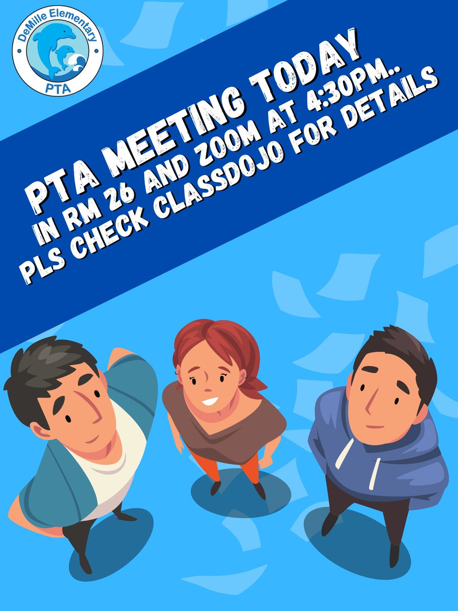 DemillePTA's tweet photo. Please consider attending this PTA Meeting today to catch the latest information on what's happening at DeMille! https://t.co/4lzIqWGqtG