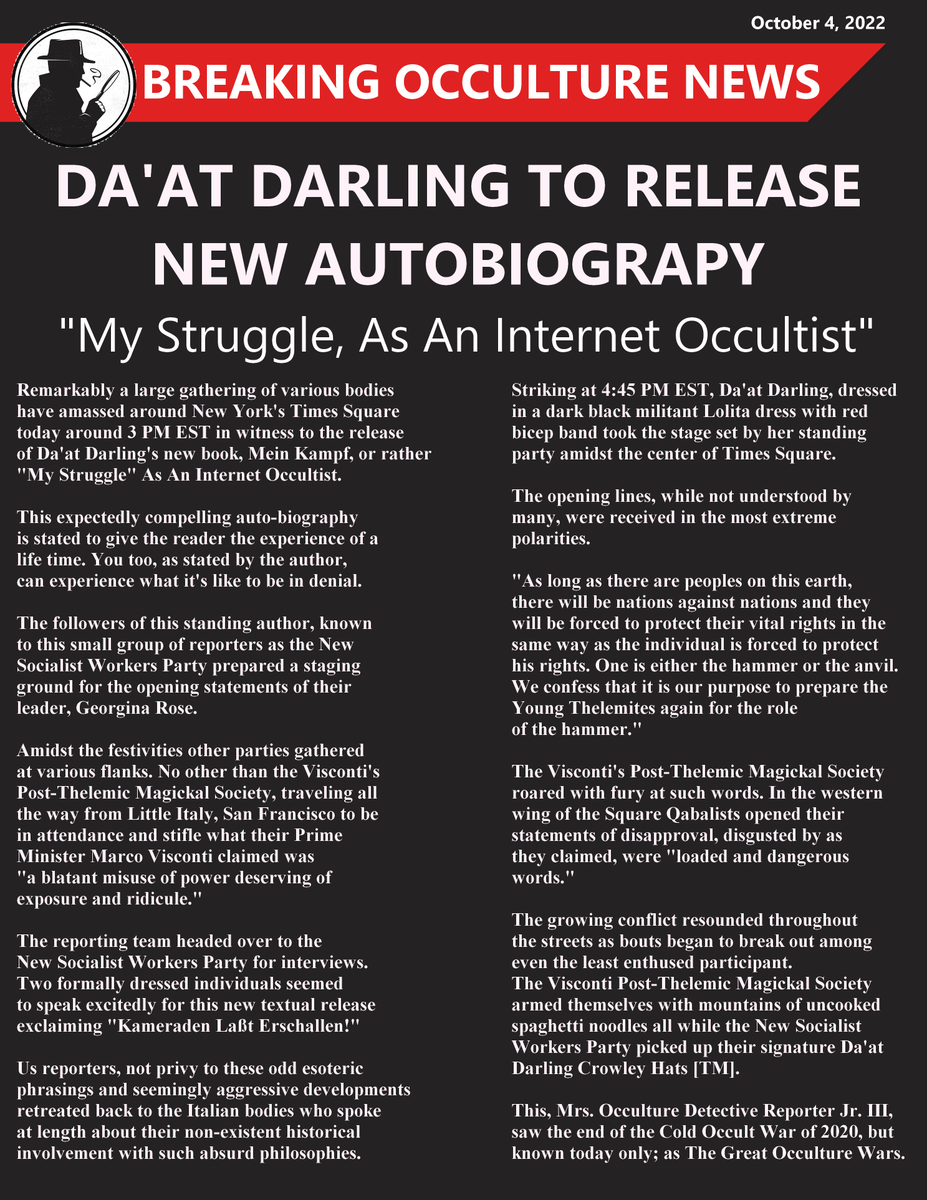 Breaking Occulture News:
<a href="/daatdarling/">Georgina Rose 🌌</a> to release Autobiography
"My Struggle, As An Internet Occultist"