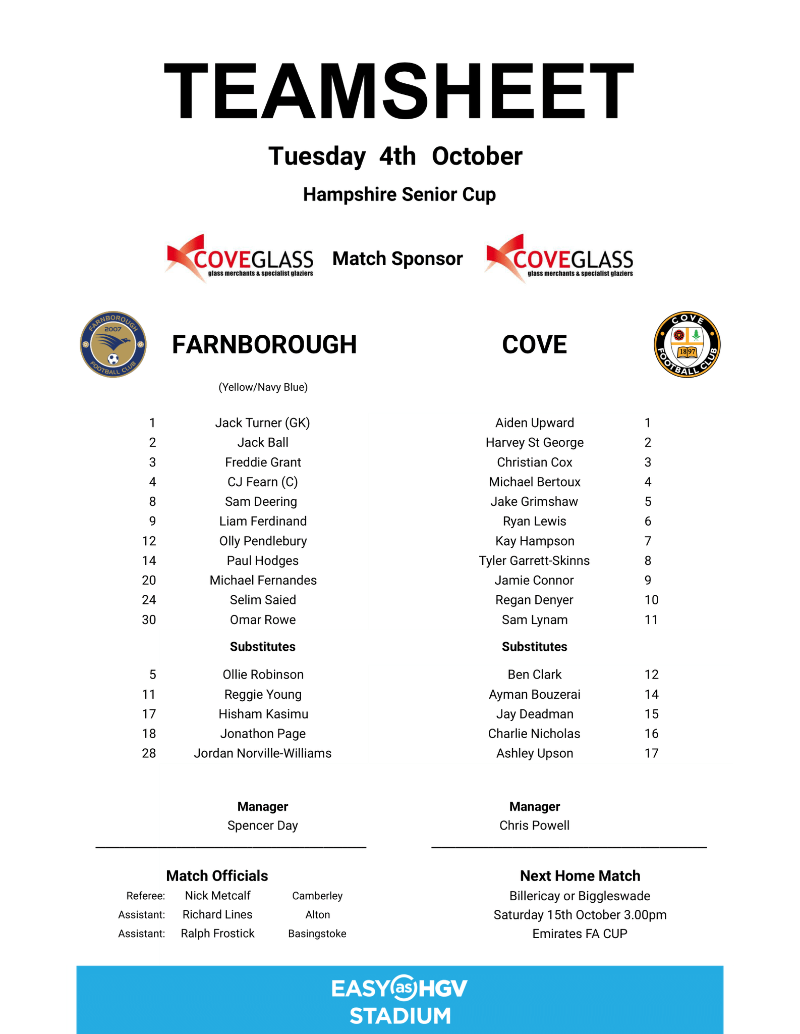 Farnborough FC on Twitter "FULL TEAMSHEET FarnboroughFC vs CoveFC