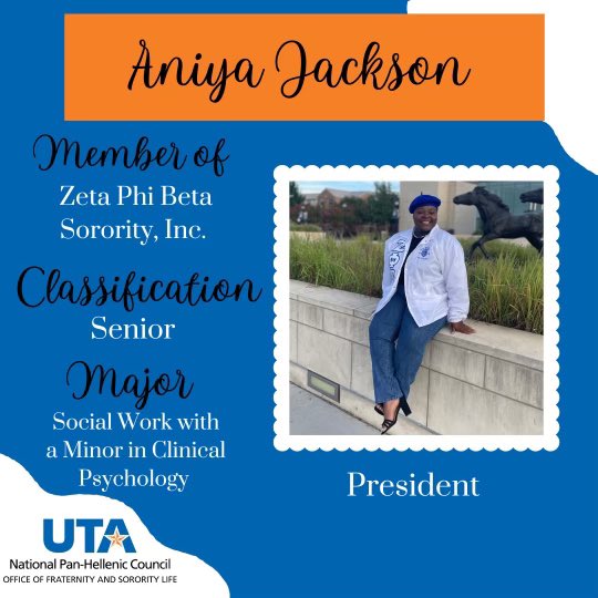 Meet our Fall 2022 NPHC Exec Board.
Say hello to our President Aniya
Jackson!!! 💙🧡