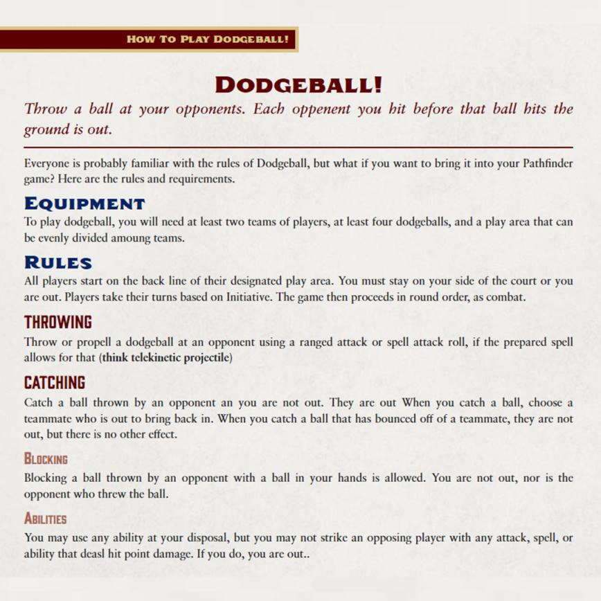 TheDaTNetwork's tweet photo. Bummed we arenโt on for #Pathfinder: #HeroicEndeavors tonight? Why not play some #Dodgeball using the rules @EvilJimJam home-brewed for last weekโs season finale?
@paizo
#ttrpg #rpg #pf2e #Dice #Twitch #Adventure #roleplaying #DaTFamBestFam #DnD #DungeonsAndDragons #homebrew https://t.co/rFtU65q3Vm